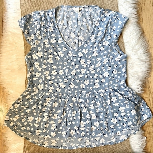 Sim & Sam V-Neck Cap Sleeve Blue White Floral Peplum Top Women's Medium M Praire - Picture 1 of 6